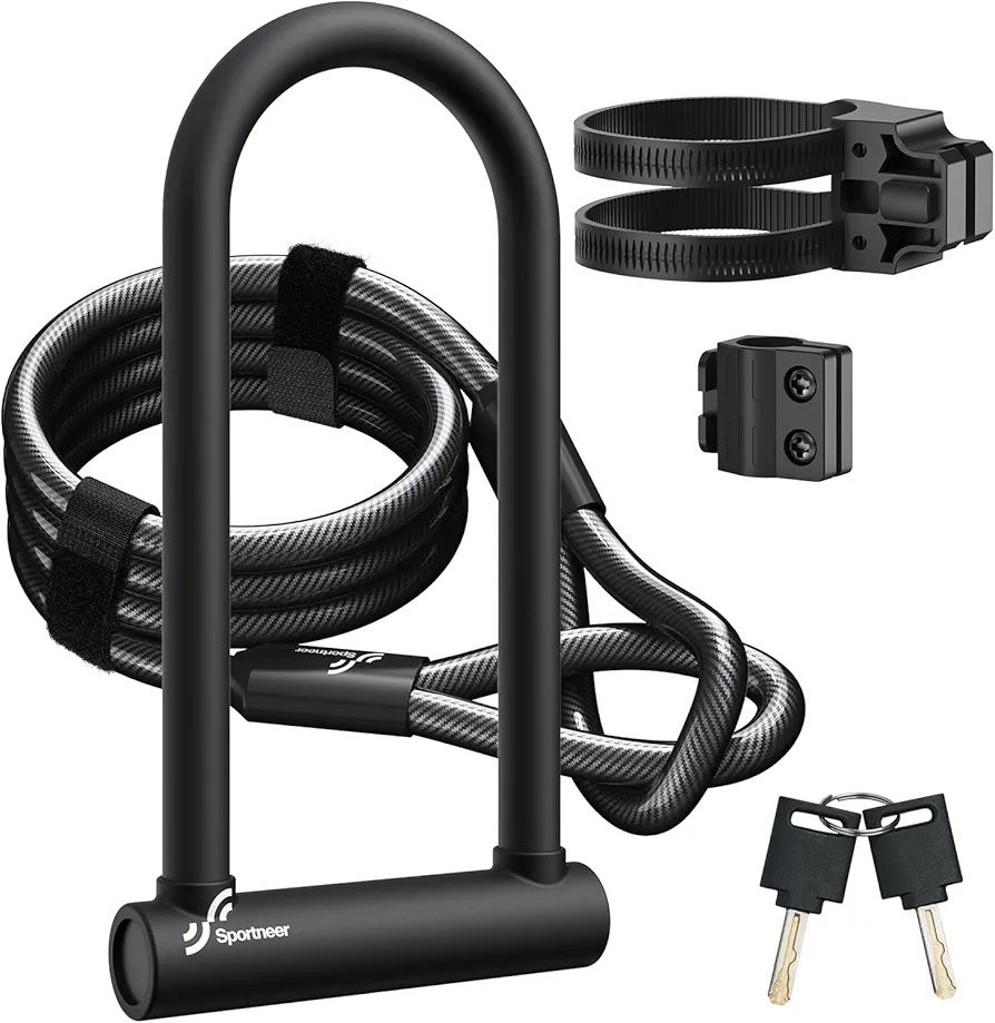Sportneer Bike Lock: Heavy Duty Bike U Lock with 6ft Security Steel Cable - 18mm Shackle Bicycle U-Locks with Keys and Sturdy Mounting Bracket for Road Mountain Bike Bicycle