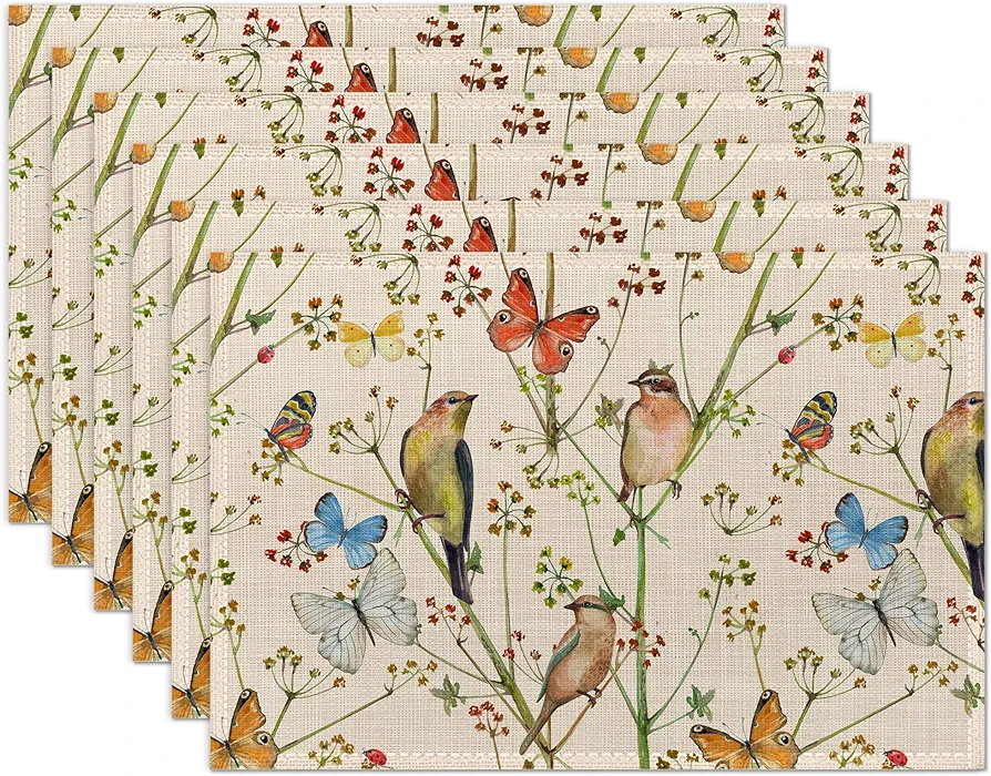 Placemats Set of 6, Vintage Nature with Birds and Butterflies Linen Place Mats,Modern Washable Table Placemats 12"x18" Heat Resistant Table Mats for Dining Kitchen Party Holiday Decoration