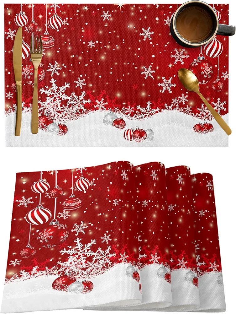 Christmas Red Placemats Set of 6, Watercolor Snowflake Stripes Christmas Balls Kitchen Foldable Heat Resistant Placemats, Holiday Washable Linen Place Mat Cloth for Table Farmhouse Party Decor