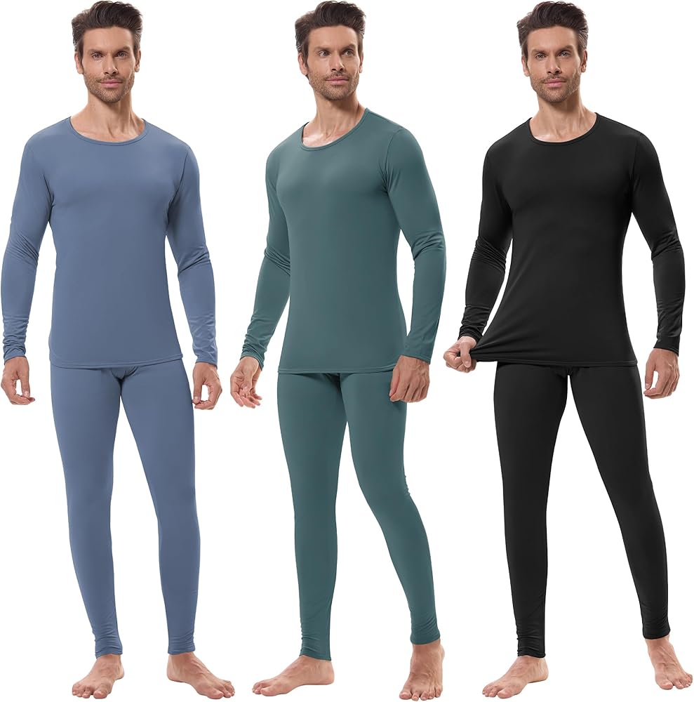 URATOT 3 Sets Men's Thermal Underwear Set Fleece Lined Long Johns Thermal Underwear Base Layer Set for Men Cold Winter