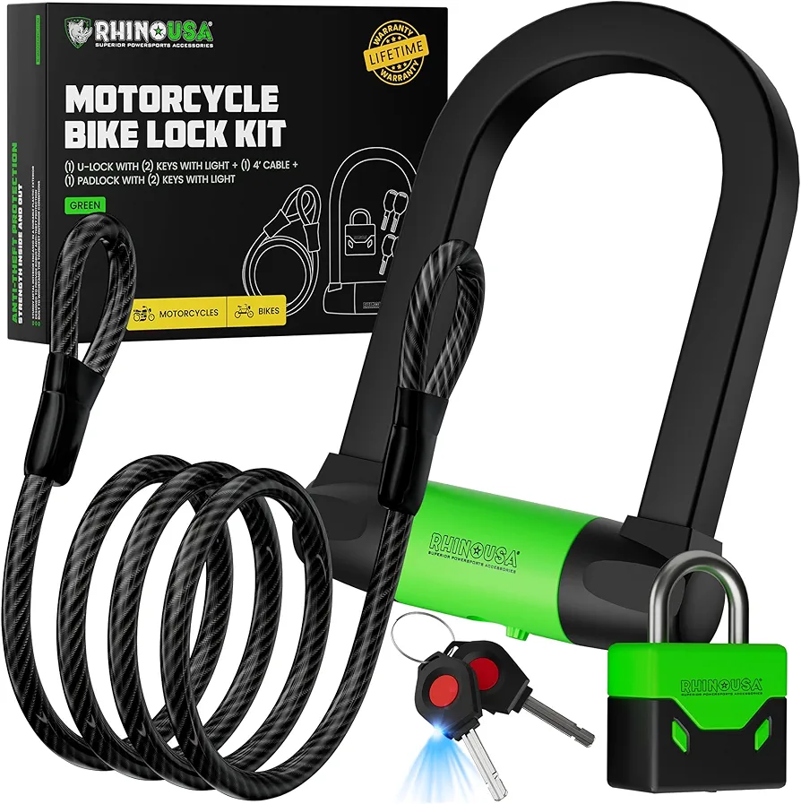 Rhino USA Bike Lock - Heavy Duty Anti Theft Bicycle U Lock & Padlock - 4FT Steel Security Cable with 4 Keys for EBike, Motorcycle, Electric Scooter - Dual Purpose Bike Locks (Padlock or U-Lock Option)