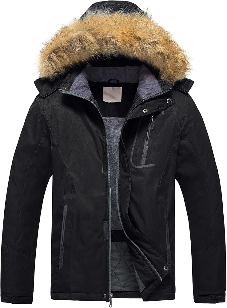 Pursky Men's Waterproof Ski Jacket Winter Snow Coats Fur Hooded Raincoats Parka