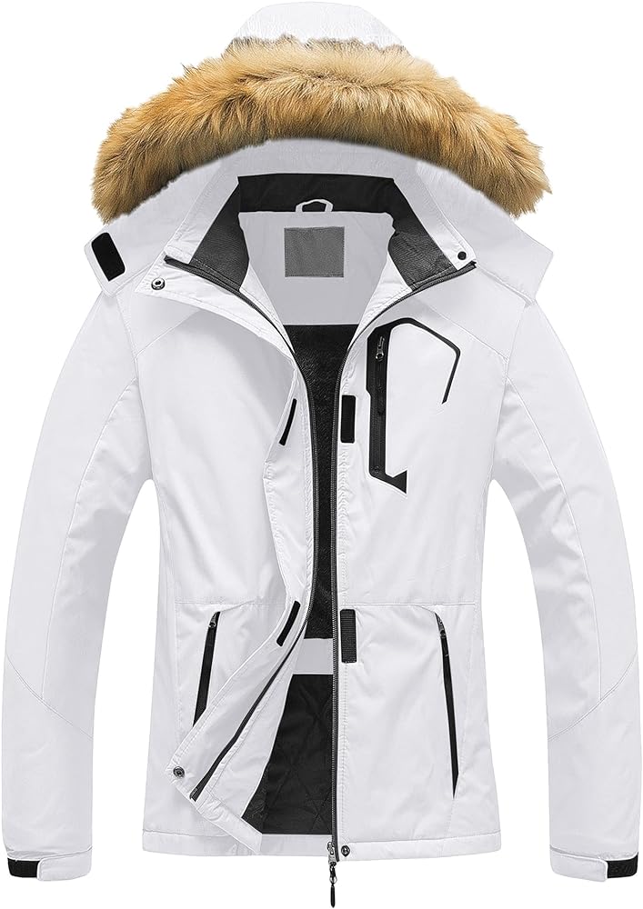 Pursky Women's Waterproof Ski Jacket Winter Snow Coats Fur Hooded Raincoat Parka