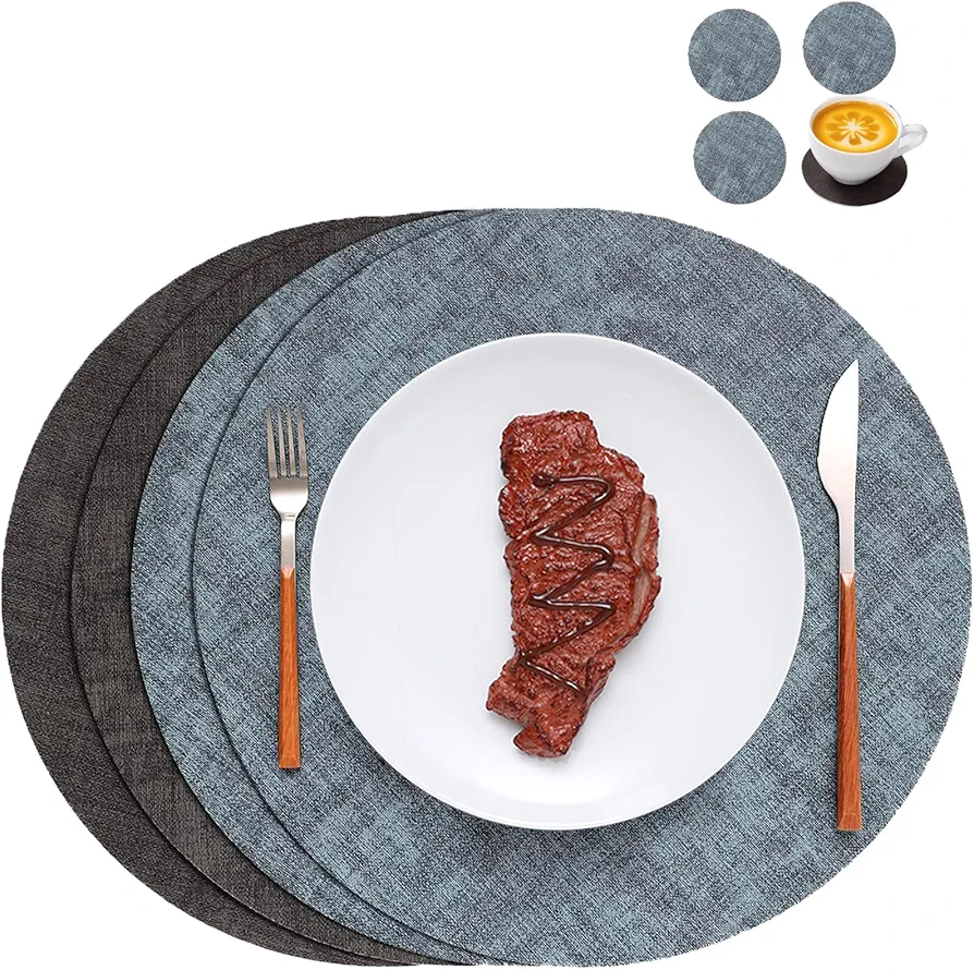 Round Placemats Set of 4,Place Mats Indoor,Heat Resistant Placemats Dual Sided Placemats Waterproof Placemats Vinyl Placemats Washable(Blue&Black,Set of 4)