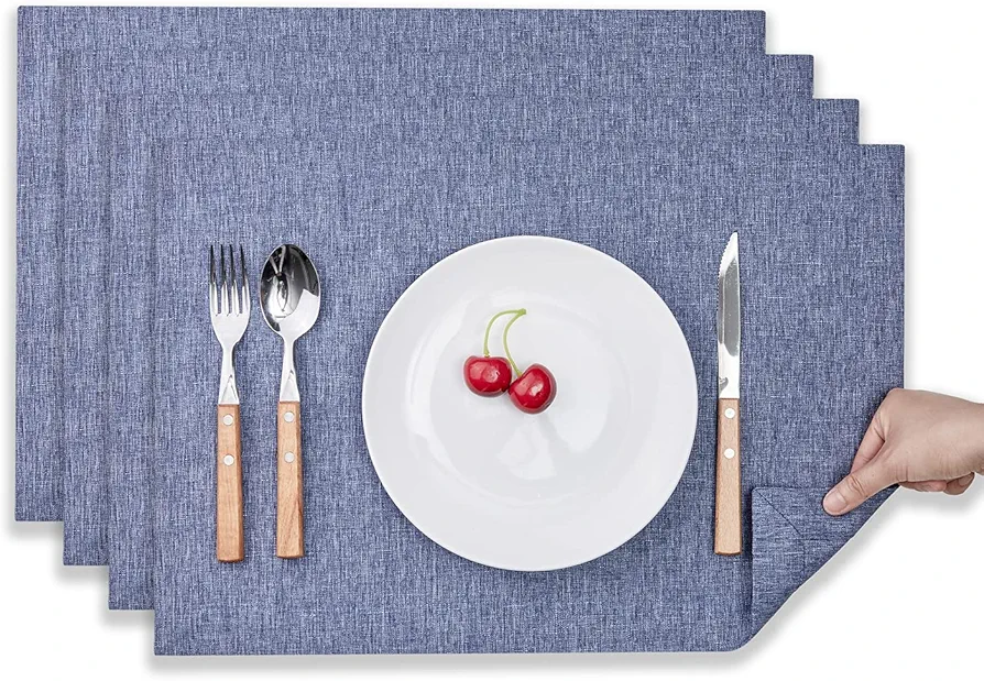 Mebakuk Cloth Placemats, Machine Washable Linen Style Thick Place Mats, Heat Resistant and Easy to Clean Fabric Table Mats for Kitchen Dining Table (Denim Blue, Set of 4)