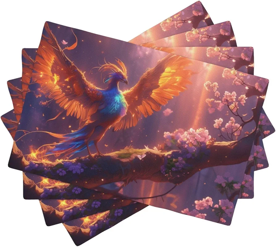 Fantasy Bird Illustration Placemats Set of 4 - Heat Resistant Place Mats, Washable Table Mats for Kitchen Dining Patio Table, Wipeable Indoor Outdoor Table Placemats