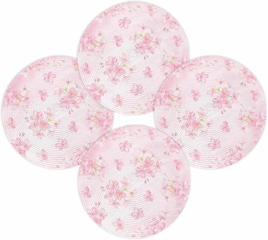 Round Placemats Set of 4 Cherry Blossom Floral Place Mats Washable Woven Placemat Pink Flowers Circle Braided Heat Resistant Table Mat for Kitchen Dining Table Party Home Decor 15 Inch