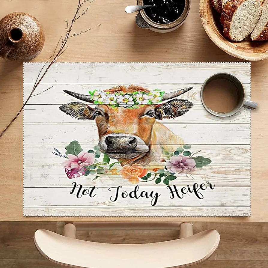 Kitchen Table Mats Not Today Heifer Funny Cow Table Placemats Cow Gifts Table Mat Non-Slip Heat Resistant Place Mats Decoration for Kitchen Dining Table Set of 4