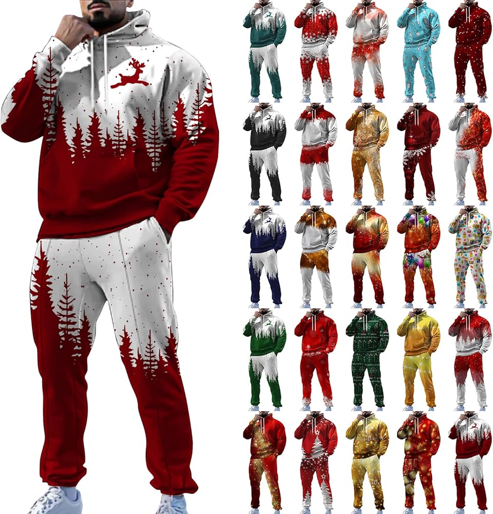 Mens Christmas Track Suit Funny Xmas Printed Drawstring Hooded Pullover Sweatshirts and Jogger Sweatpants Sweatsuits