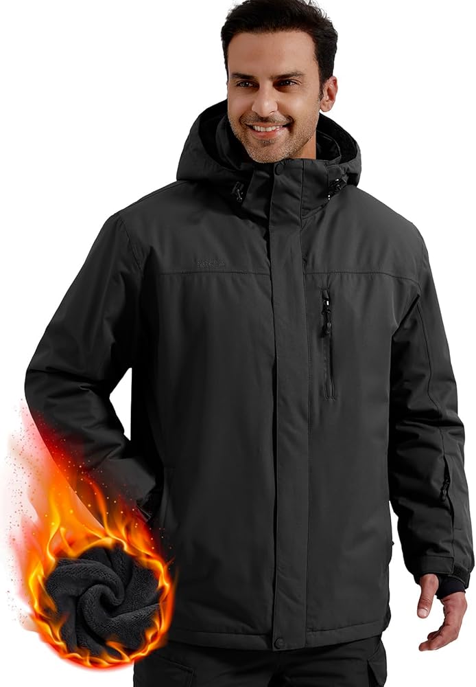 FREE SOLDIER Men's Waterproof Ski Snow Jacket Fleece Lined Warm Winter Rain Jacket with Hood Fully Taped Seams