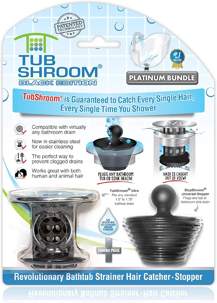 TubShroom Tub Drain Hair Catcher Combo Pack with Silicone Stopper, Black Chrome – Protector and for Bathroom Drains, Fits 1.5” 1.75” Bathtub Shower Drains