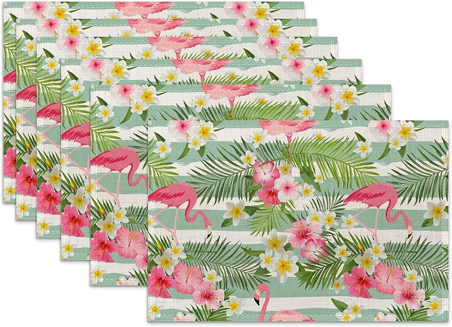 Flamingo Flowers Linen Placemats Set of 6,12x18 Inch Tropical Leaves Washable Table Mats Heat Resistant Place Mats for Home Party Kitchen Dining Decoration