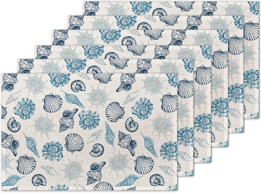 Placemats Set of 6,Shells Linen Place Mats,Modern Washable Table Placemats 12"x18" Heat Resistant Table Mats for Dining Kitchen Party Holiday Decoration