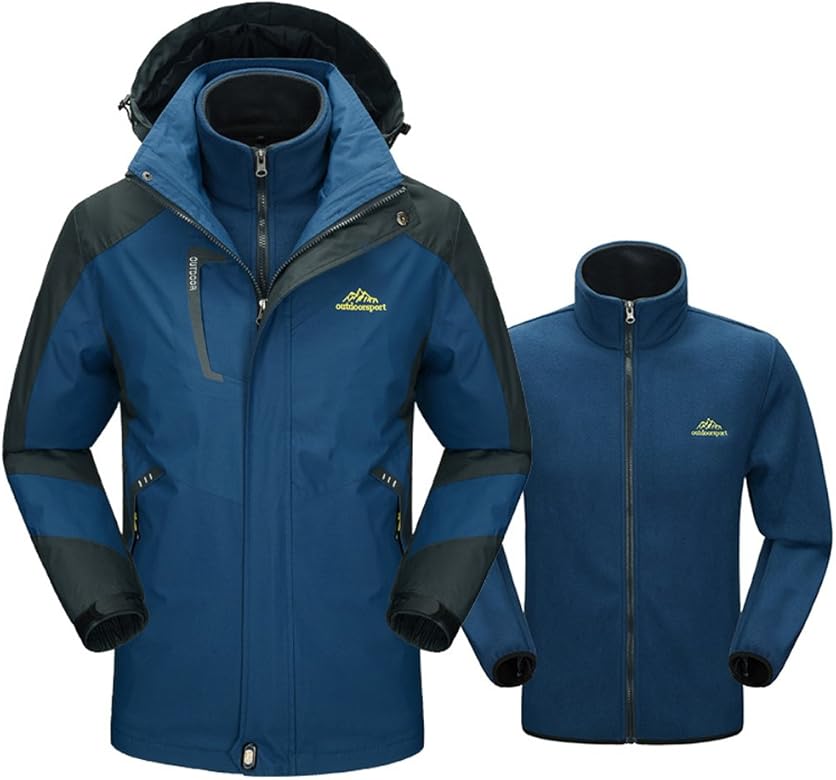 Men's Mountain 3 in 1 Outdoor Waterproof Raincoat Windproof Ski Jacket Winter Hooded Warm Fleece Liner Outwear