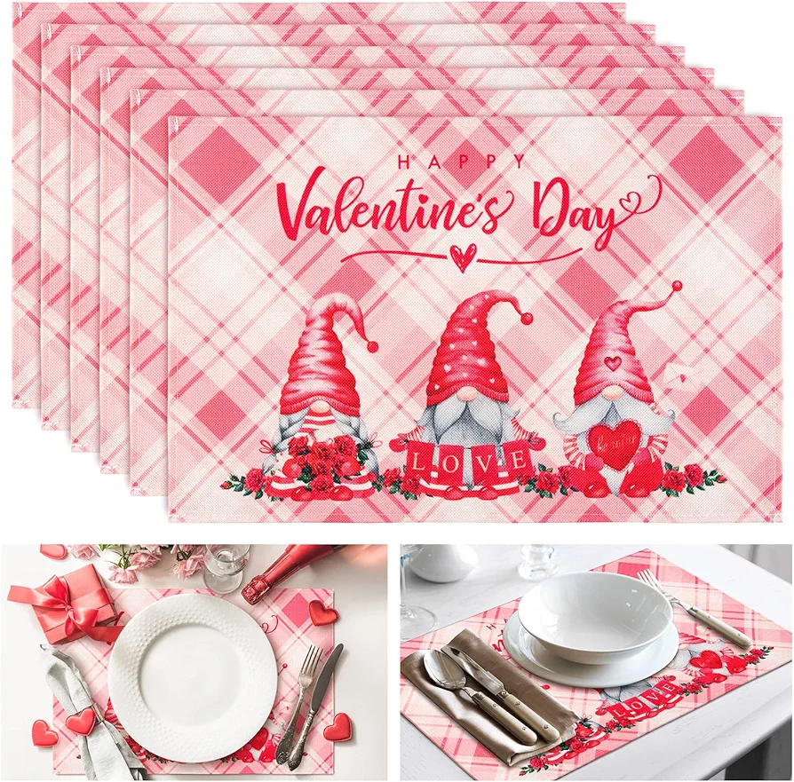 Whaline 6 Pack Happy Valentine's Day Placemats Pink Love Gnome Table Mat 12 x 18 Inch Checkered Plaid Heat Resistant Table Mats Non-Slip Washable Mats Decoration for Home Kitchen Wedding Party