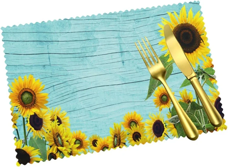 Teal Turquoise Wood Sunflower Placemats Set of 4, Country Style Plant Floral Decor Dining Table Place Mats Heat Resistant Placemats Table Mats for Kitchen Indoor Outdoor Patio Decor,12"X18"