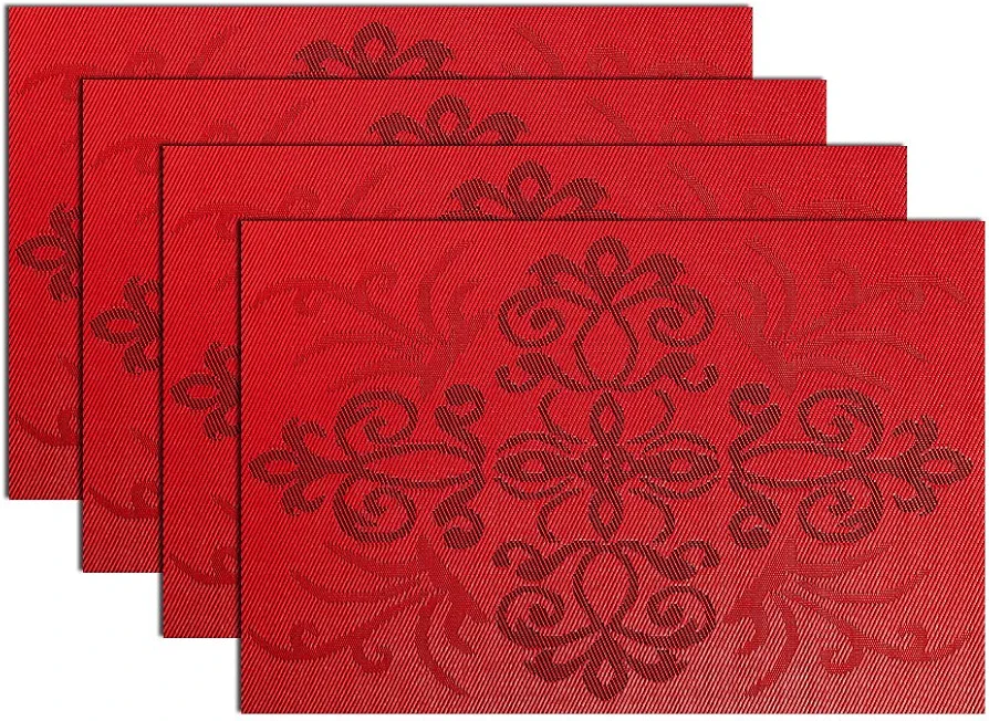 Red Placemats, Heat-Resistant Placemats, Woven Vinyl Placemat, Dining Table Place Mats, Washable Placemat Easy to Clean, Set of 4 (Red Chinese Knot)