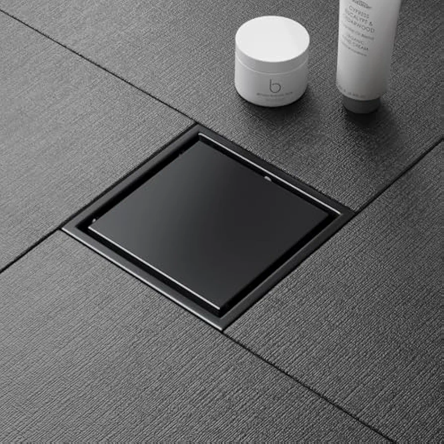 2 in 1 Linear Shower Drain (Matte Black, 6''), 2-in-1 Tile Insert Cover, 304 Stainless Steel Brushed Shower Floor Drain with Hair Catcher and Threaded Adapter