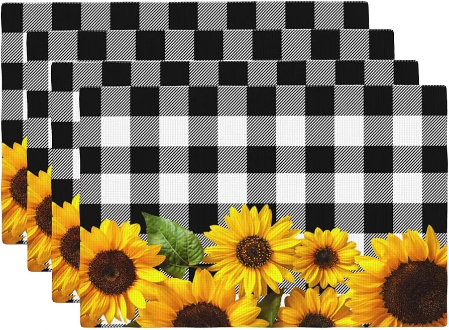 Yellow Sunflower on Black and White Lattice Placemats Set of 4 Sunflowers Linen Washable Placemat Buffalo Plaid Kitchen Dining Heat-Resistant Place Mats Desktop Decor Table Mats 12x18 Inch