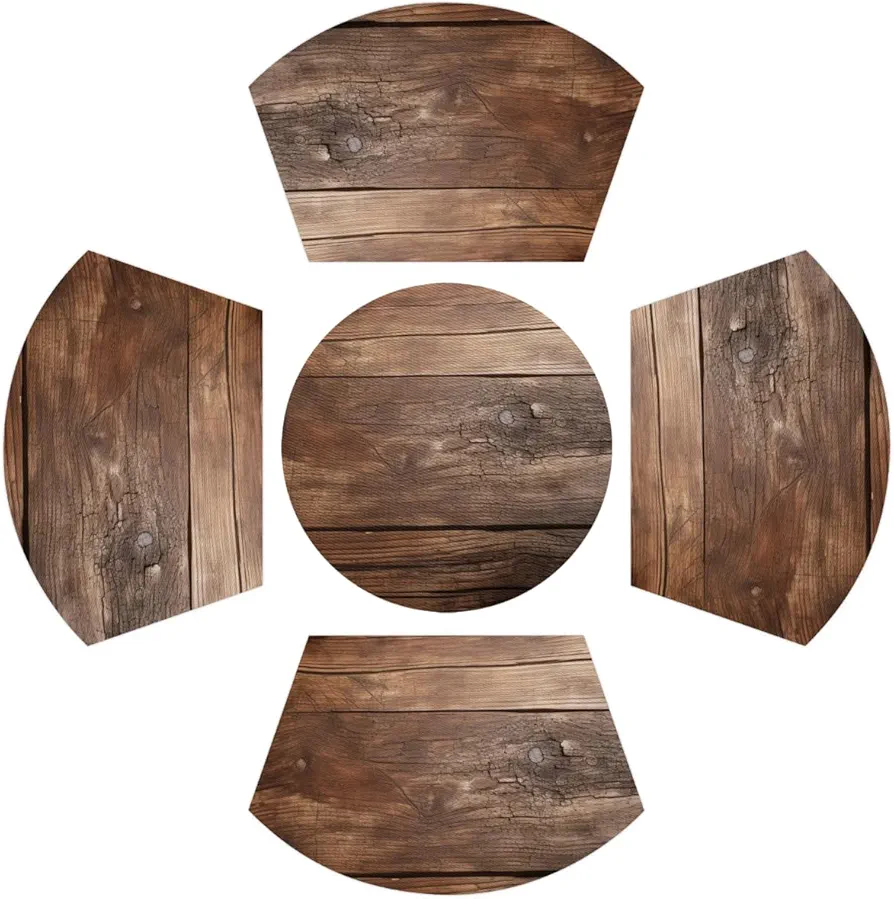 Wooden Boards PVC Placemats for Round Table Place Mats Set of 5 with Round Centerpiece Mat,Large Size Wedge Shape Placemats Washable Dining Table Placemats Heat Resistant Table Mat for Kitchen