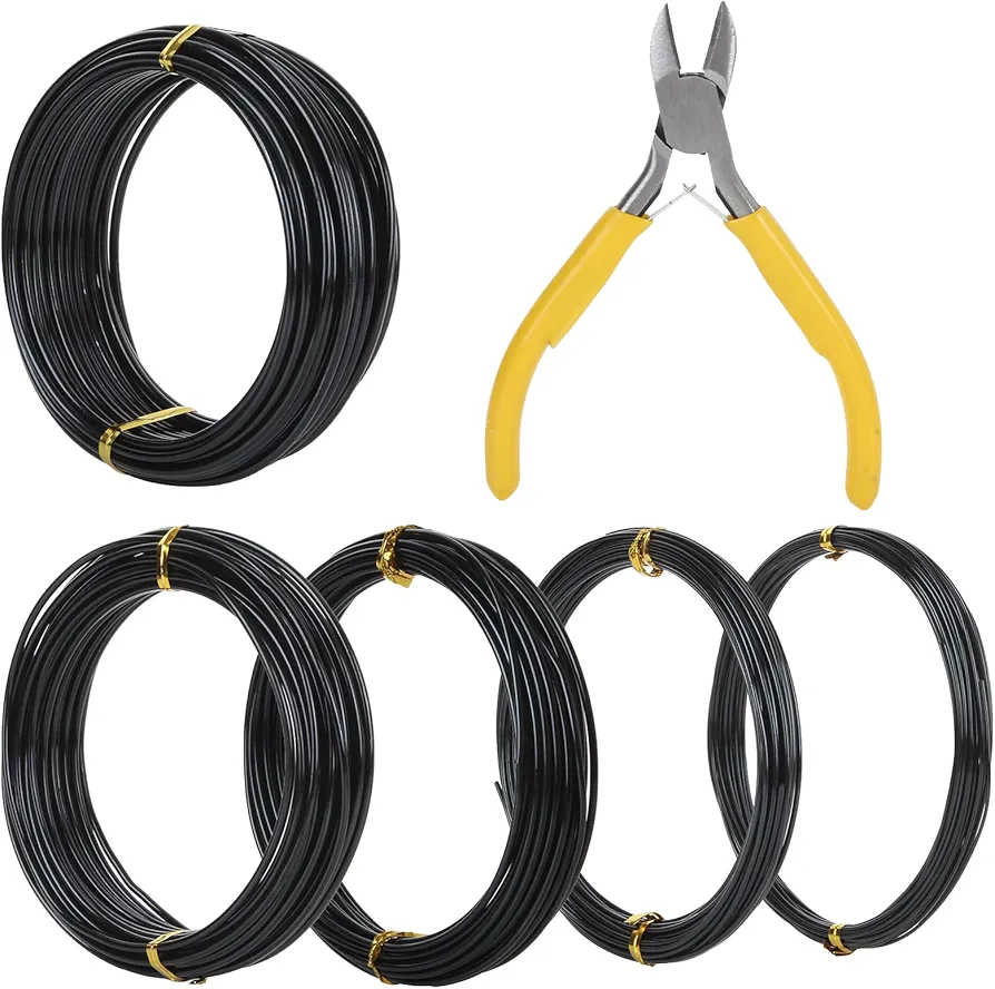 5 Rolls Tree Training Wires for Bonsai Tree, Aluminum Bonsai Tree Wire Kit with Bonsai Wire Cutter, 5 Sizes - 1.0 mm, 1.5 mm, 2.0 mm, 2.5 mm, 3.0 mm, Total 164 Feet (Black)