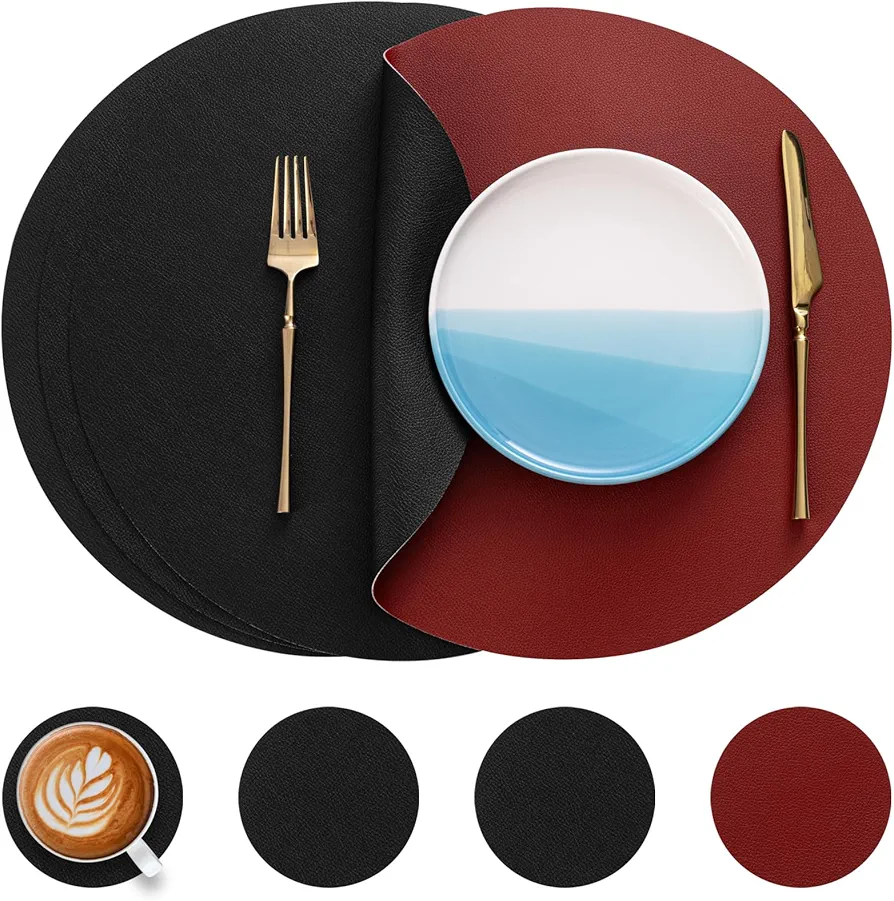 Myir JUN Round Table Placemats Set of 4 Faux Leather Place Mats and Coasters 15 inch Round Placemats Dual Sided Placemats Non-Slip Placemats Stain Resistant Placemats (Red & Black, Set of 4)