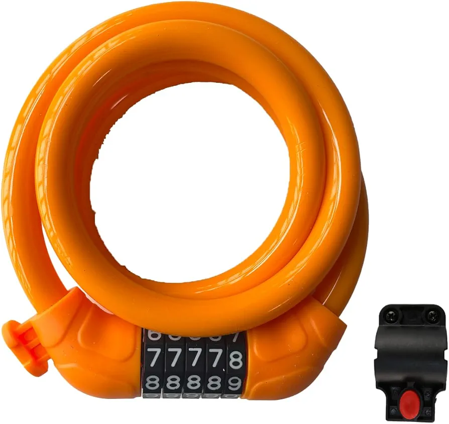 4ft Flexible Cable Bike Lock - Coiled Security with Resettable Combination, Includes Mounting Bracket for Bicycle Protection (Orange), BL-001