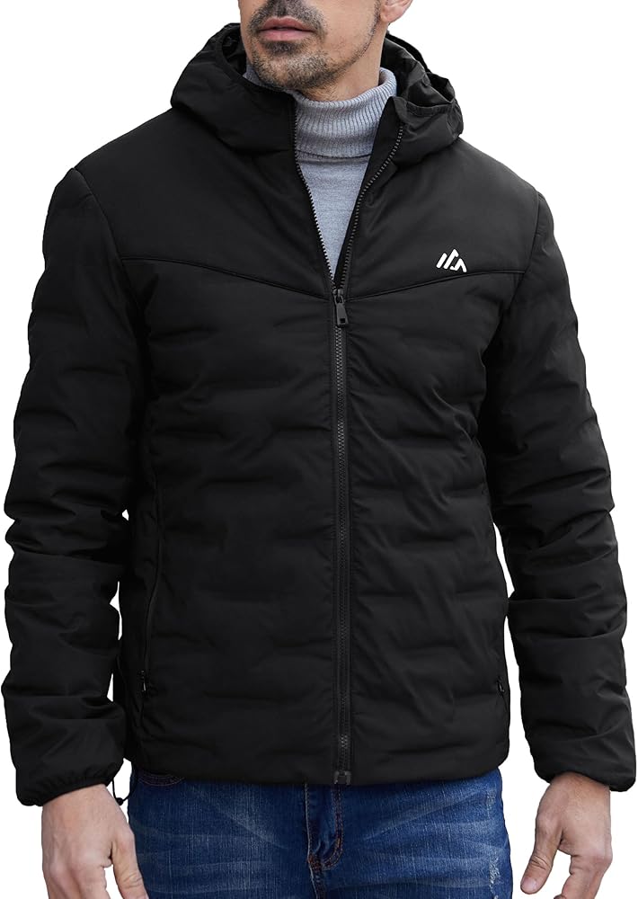 Men Puffer Jacket Winter Down Coat Insulated with Hood for Winter Outdoor Hiking