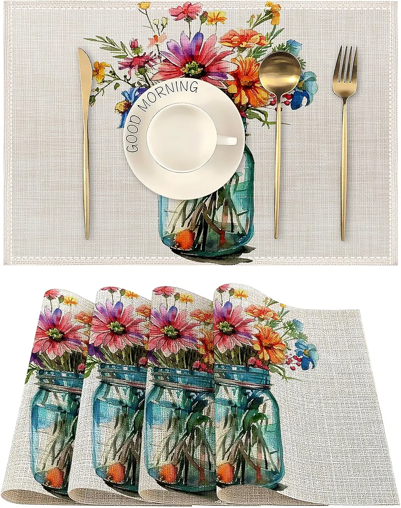 Watercolor Spring Flower Placemats Linen Table Place Mats Set of 4 Non-Slip Heat Resistant Table Mats for Dining Kitchen Cabin Decor 12x18 Inch