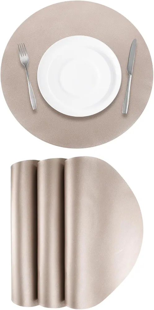 uxcell 4 Pcs Faux Leather Placemats for Dinner Table, PU Leather Round Table Mats Placemats Heat Resistant Waterproof Oil Proof Kitchen Placemats (Champagne)