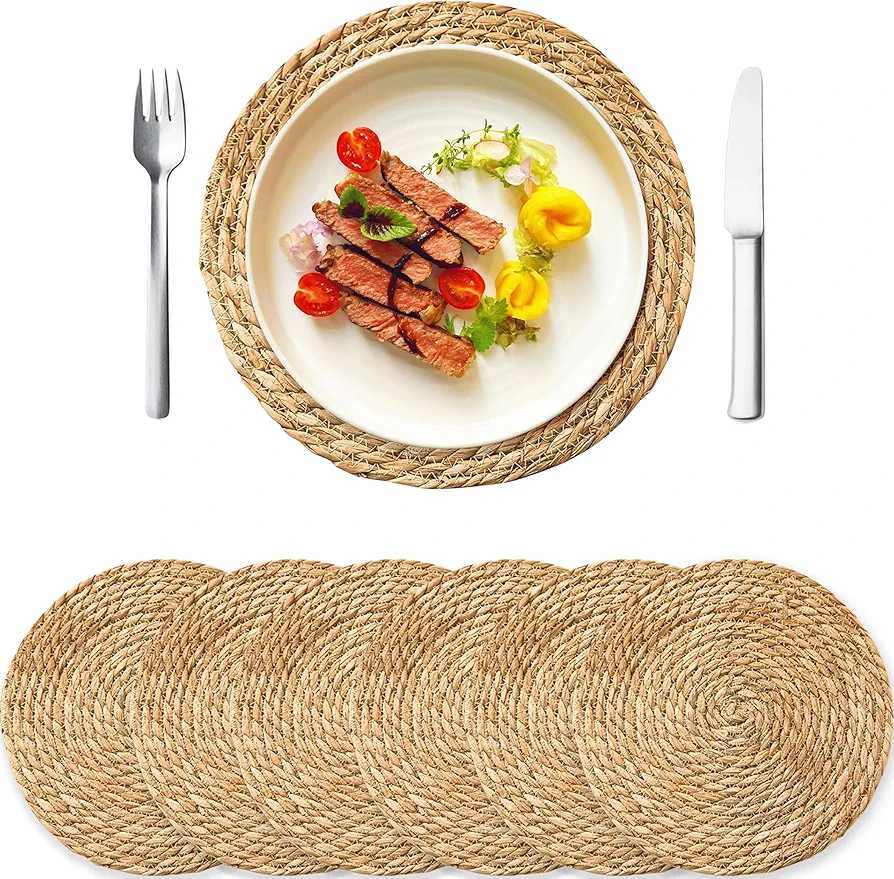 Round Woven Placemats Set of 6, 12 inch Rattan Placemats Wicker Placemats, Natural Hand-Woven Water Hyacinth Place mats Farmhouse Boho Braided Heat Resistant Placemat for Wedding Home Table Dining