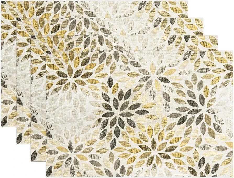 Grey Black Yellow Placemats Set of 4 Summer Modern Elegant Geometric Flower Linen Table Place Mat Non-Slip Heat Resistant Place Mats for Home Kitchen Dining Table, 12"x18"