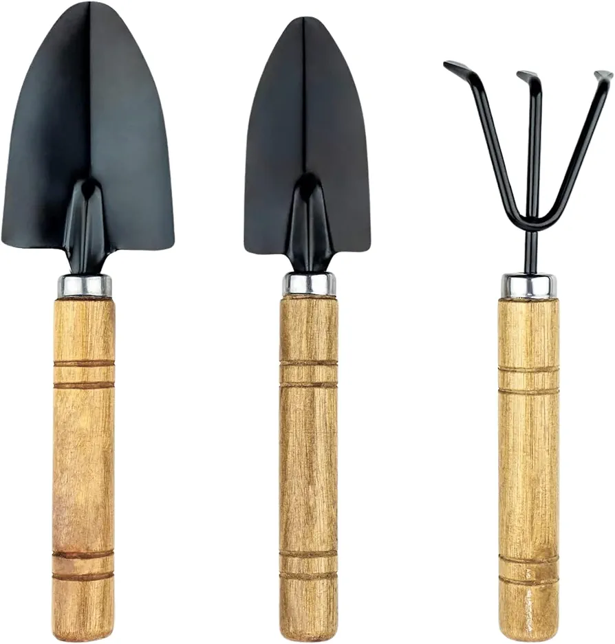 Indoor Garden Tool Set - Minature Steel Gardening Hand Tools Kit with Ergonomic Wooden Handles | Includes Trowel, Transplanter, Cultivator | Perfect Gardening Tool Set for Indoors and Small Projects