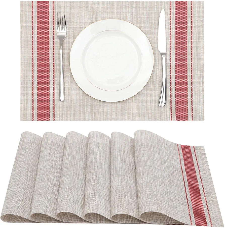 Vinyl Placemat Set of 6, Dining Dish Mat Desk Dresser Protector Heat Resistant Wipeable Square Plastic Kitchen Patio Pad 12x18 Inch (Red)