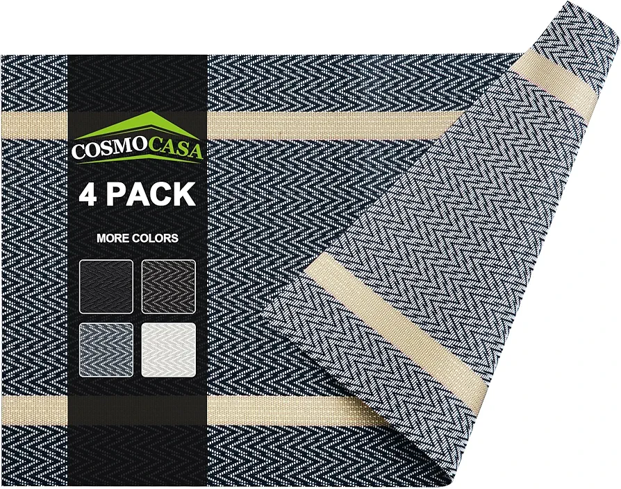 Reversible PVC Woven Placemats - Set of 4, Waterproof Vinyl Kitchen Dining Table Mats - Heat, Stain Resistant, Easy to Clean Wipeable Plastic Place Mats, Blue & Grey 18 x 12 Inch