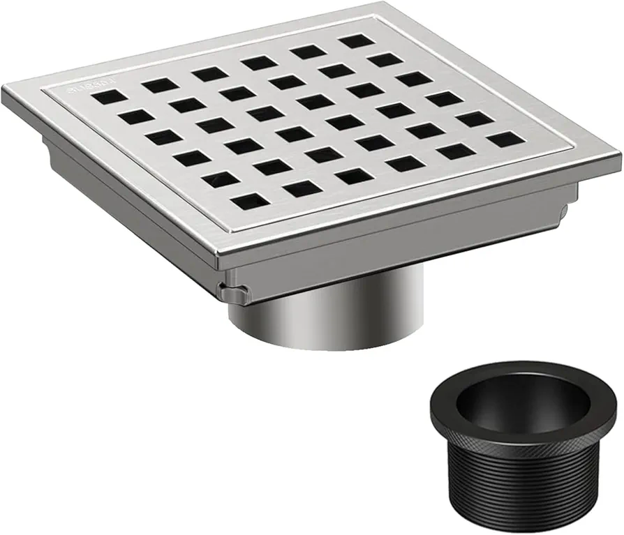 Square Shower Drain, 4 1/3 Inch SUS 304 Stainless Steel Grid Pattern with Hair Strainer Square Floor Drain for Shower - Brushed Nickel