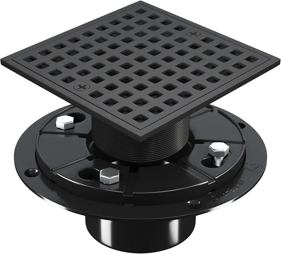 4 Inch Square Shower Floor Drain, Matte Black 304 Stainless Steel Shower Floor Drain Kit Compatible with Schluter Kerdi-Drain Flange, Removable Grid Cover Hair Strainer Catcher,CUPC Certified