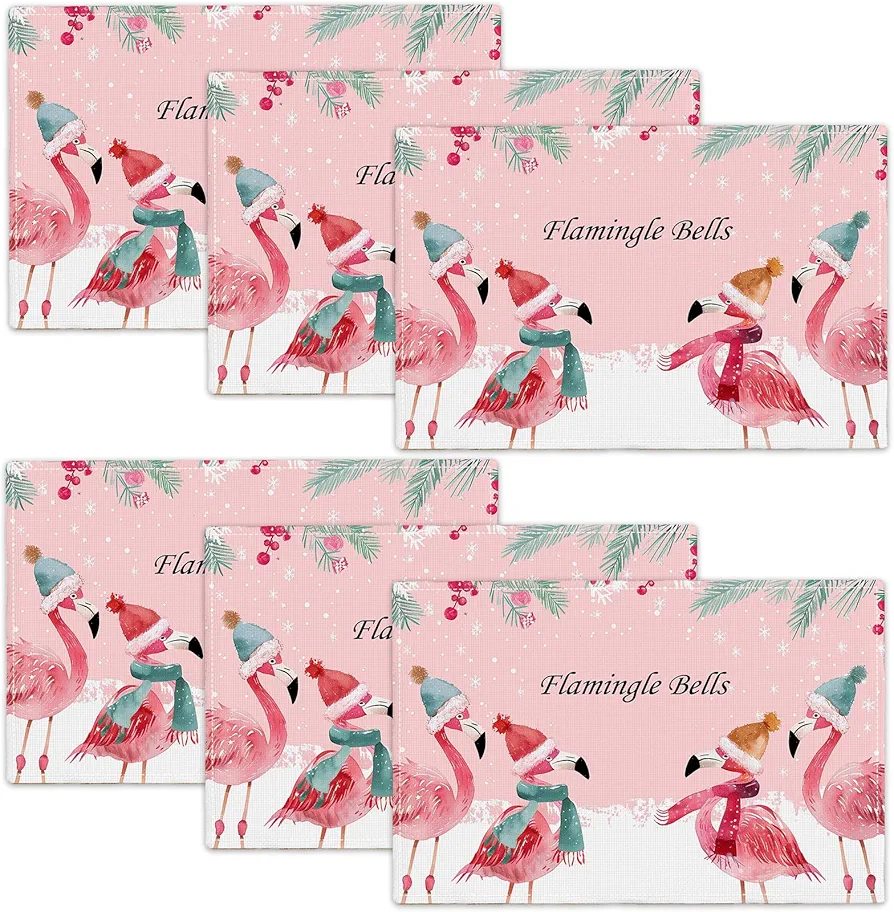 Flamingos Placemats Set of 6 Pink Table Mats Christmas Snow Place Mats Imitation Linen Heat Resistant Placemats for Dining Decoration Kitchen Party Restaurants 12''x18''
