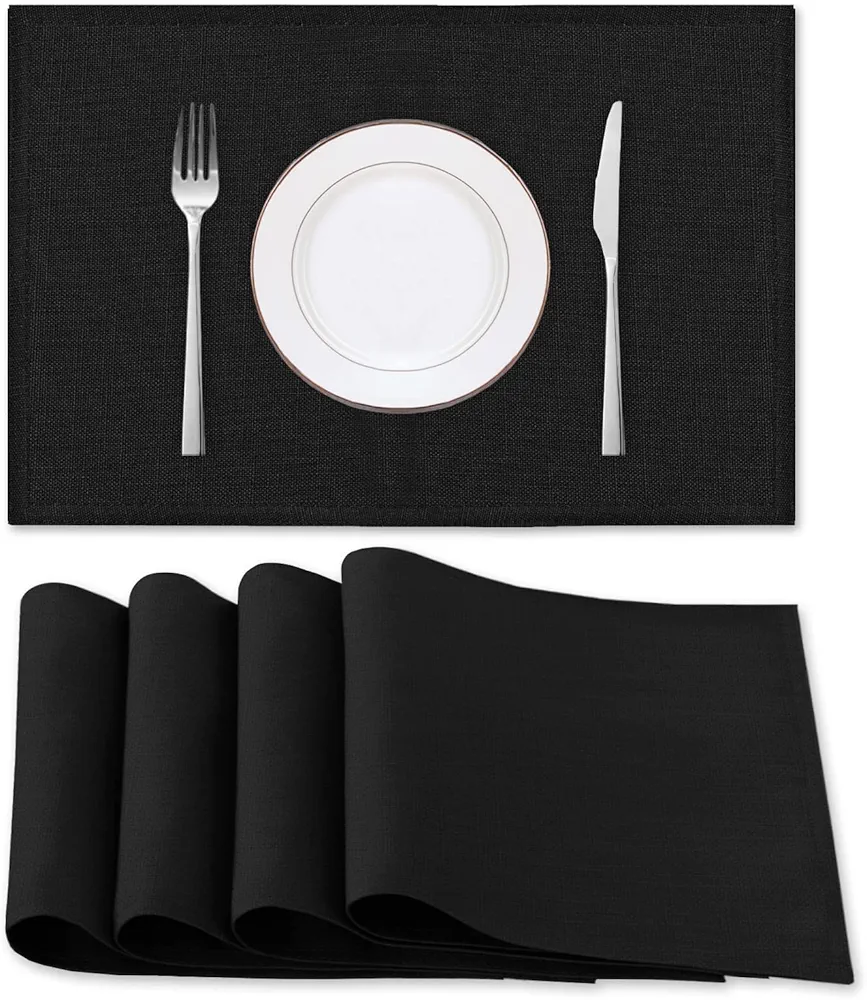 H.VERSAILTEX Linen Placemats Set of 4 Premium Solid Table Placemats for Dining Table Spill-Proof Waterproof Table Mats Heat-Resistant Kitchen Table Mats Washable, 12x18 inches, Black
