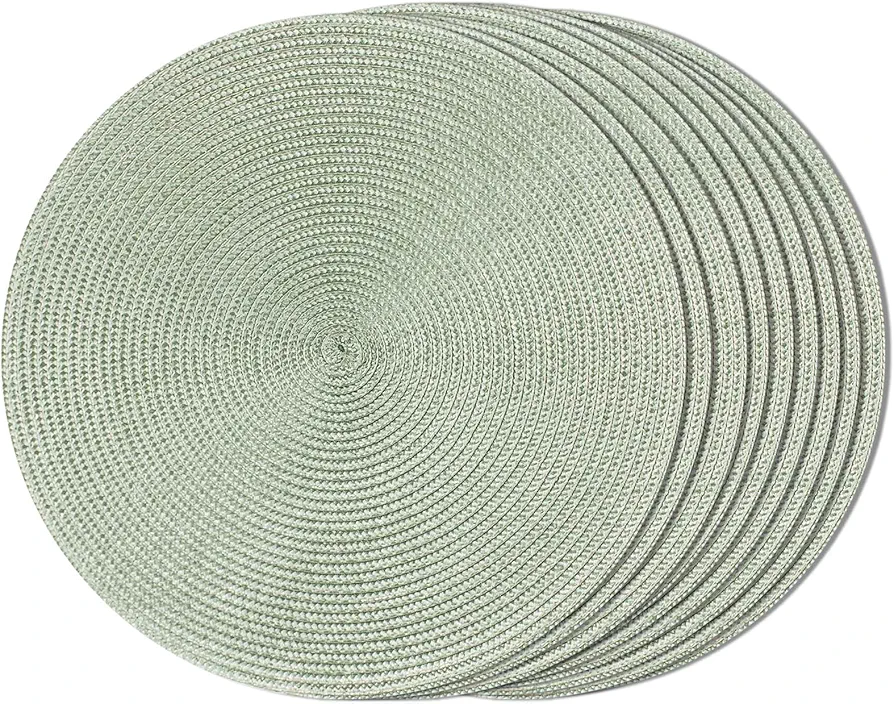 FunWheat Round Braided Placemats Set of 8 Place Mats for Dining Table Woven Washable Non-Slip Table Mats 15 Inch(Fog Green,8pcs)