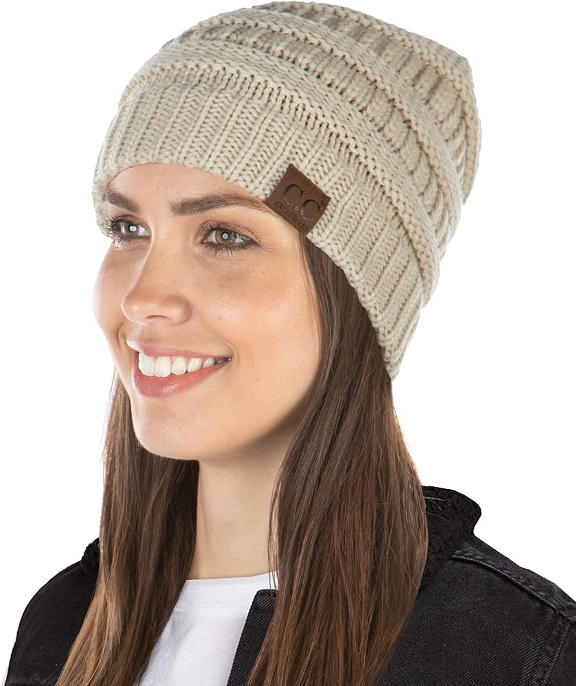 Funky Junque Winter Beanie Hats for Women, Soft Knit Classic Ribbed Slouch Hat, Beige