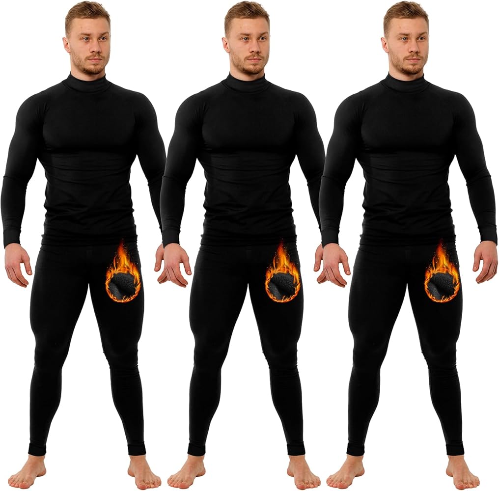 Patelai 3 Sets Thermal Underwear for Men Soft Fleece Lined Long Sleeve Base Layer Set Top Bottom for Cold Weather