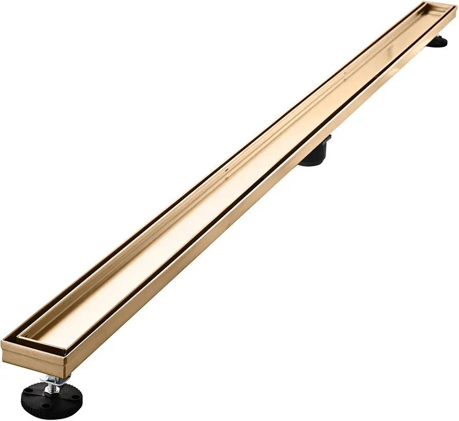 Linear Shower Floor Drain, Brushed Gold 60 Inch 304 Stainless Steel Bathroom Drains Kit, Rectangular Shower Trench Drain with Reversable Tile-in Pattern Drain Cover & Hair Catcher