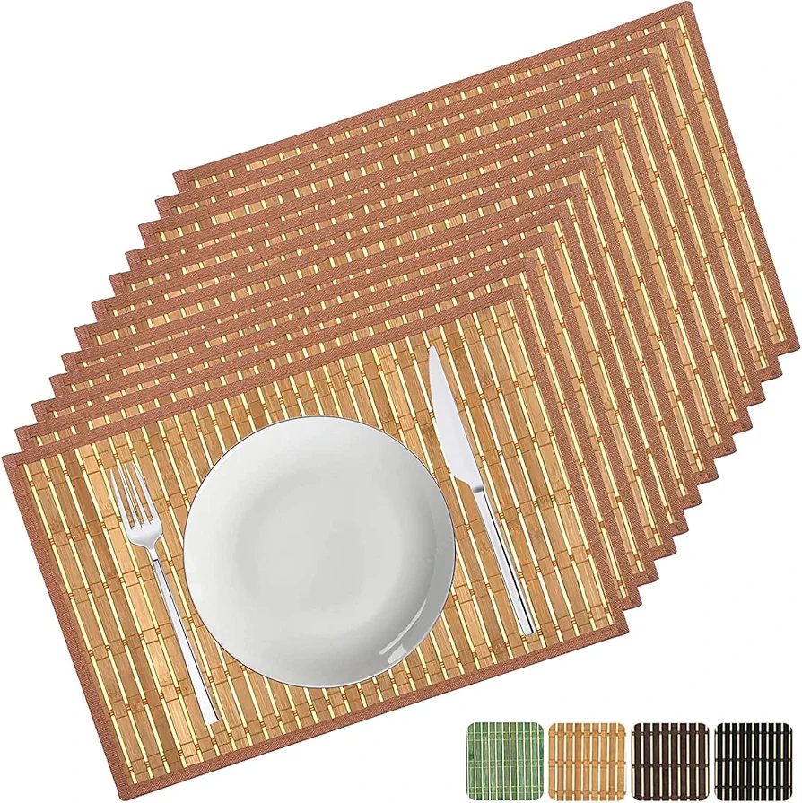 ANDSTAR Set of 12 Pcs Bamboo Placemats with Fabric Border Sushi Rolling Mat Japanese Style Natural Anti-Slip Bamboo Placemats Washable Heat-Resistant Table Mats for Dining Room and Kitchen(Coffee)