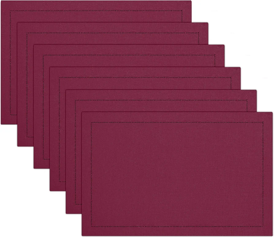 Ruvanti Linen Placemats Set of 6-13x19 Inch, Classic Hemstitch, Heat ‎Resistant Machine Washable Place Mats, Soft & Elegant- Perfect for Christmas, ‎Thanksgiving, Easter, Weddings, Dinner - Burgundy