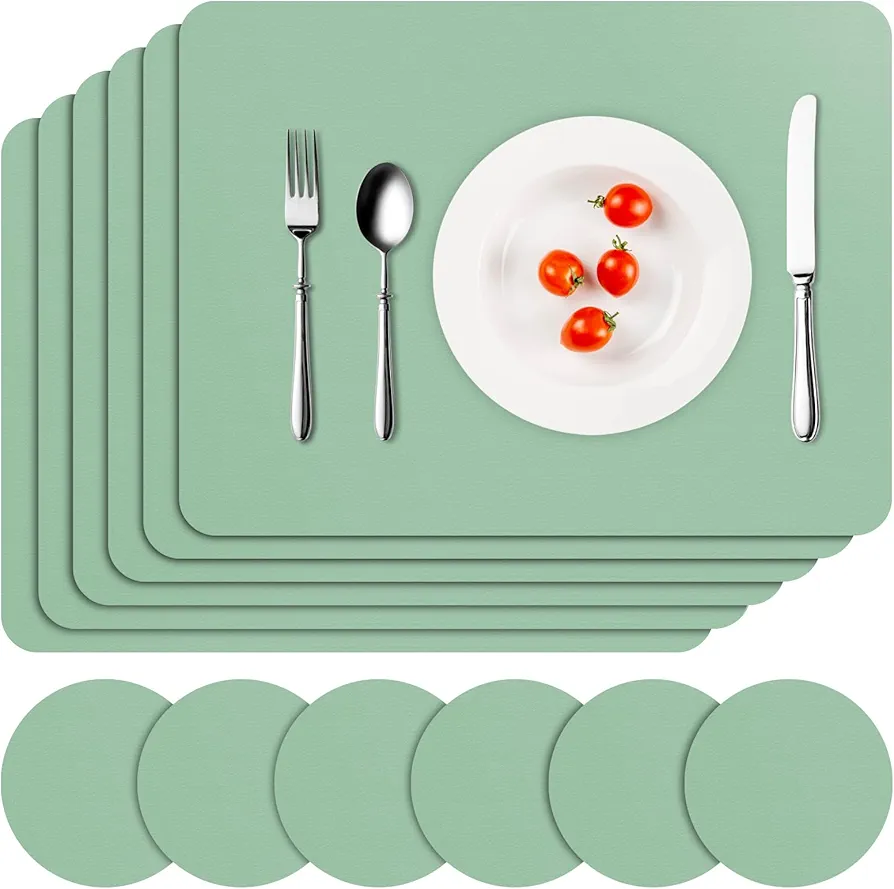 Vinyl Placemats Set of 6, Heat Resistant Dining Table Placemats Waterproof Washable Wipeable Faux Leather Place Mats and Coasters for Kitchen, Dining, Party & Outdoor (Lettuce Green)