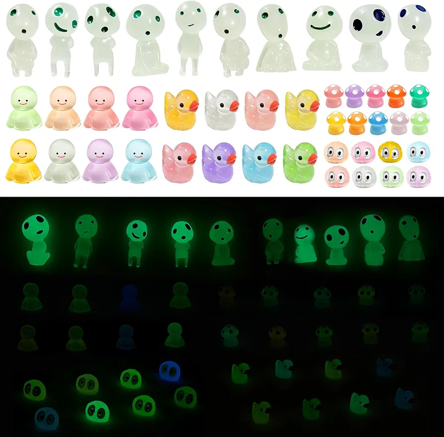 102Pcs Luminous Ghost Tree Elves Glow in The Dark Miniature Resin Fairy Garden Tree Spirits with Mini Mushrooms Duck and Coal Ball Figurines for Dollhouse Garden Bonsai Succulent Decoration