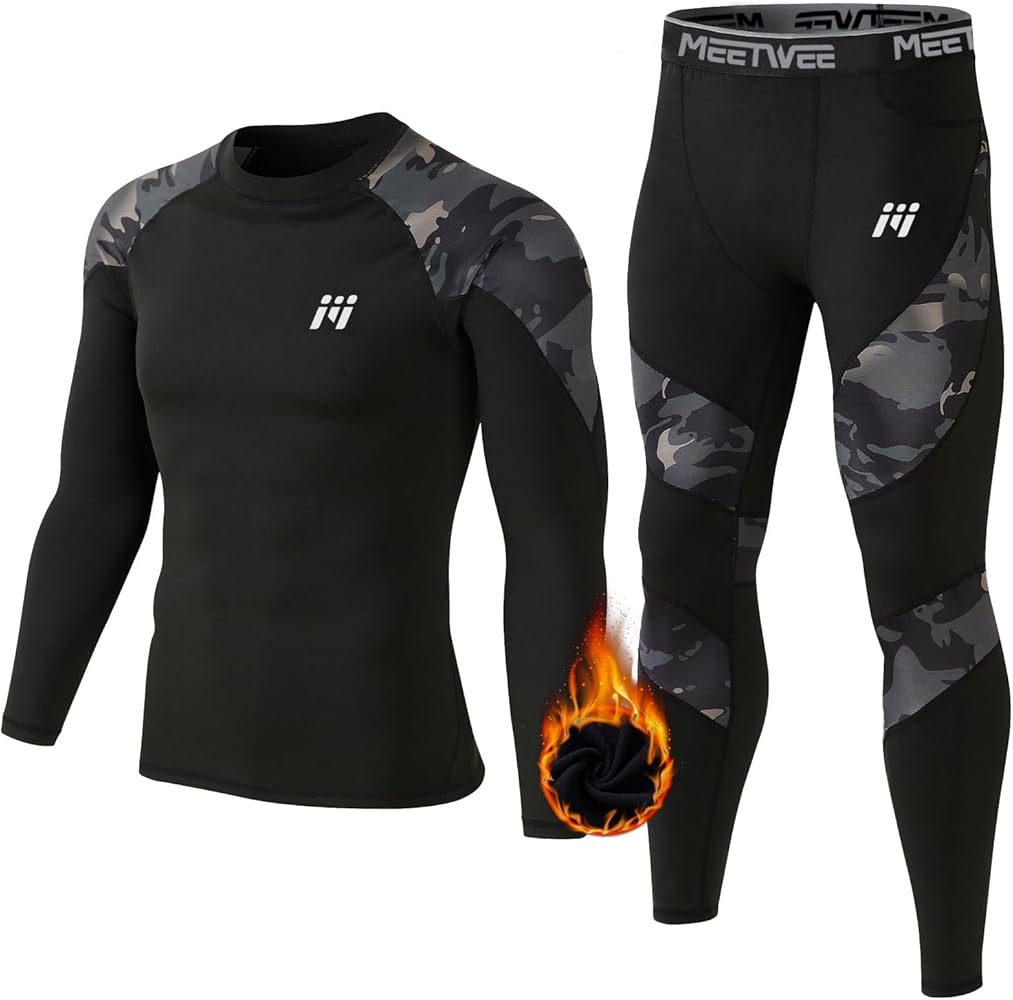 MEETWEE Thermal Underwear for Men, Fleece Lined Base Layer Set Cold Weather Ski Gear Top & Long Johns for Skiing Motorcycle