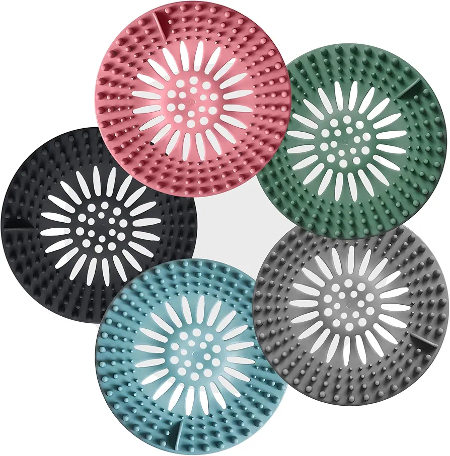 Hair Catcher Shower Drain Covers, Set of 5 Silicone Drain Protectors in Blue, Gray, Pink, Green, and Brown