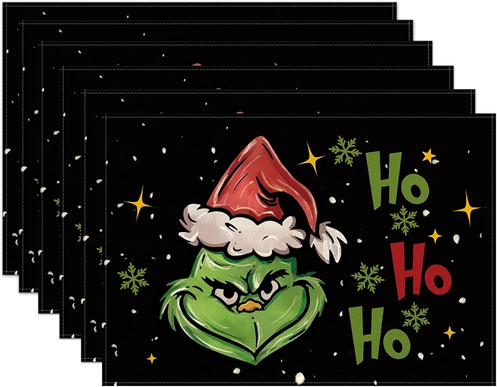 Christmas Placemats Set of 6,Winter Merry Xmas Ho Ho Ho Heat-Resistant Place Mats,Merry Xmas Holiday Table Decors for Farmhouse Kitchen Dining Party 12x18 Inch